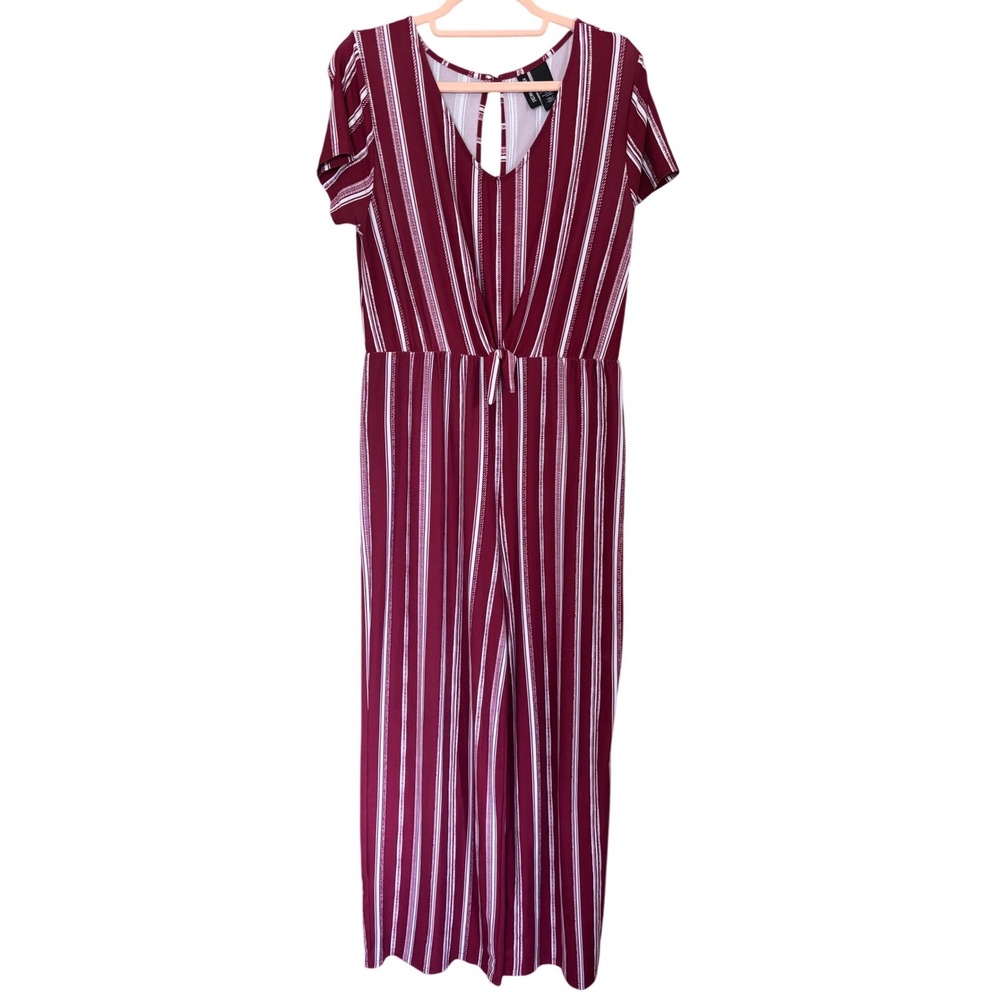 Kristin Nicole Burgundy Striped Wide Leg Jumpsuit Short Sleeve Tie Waist Large